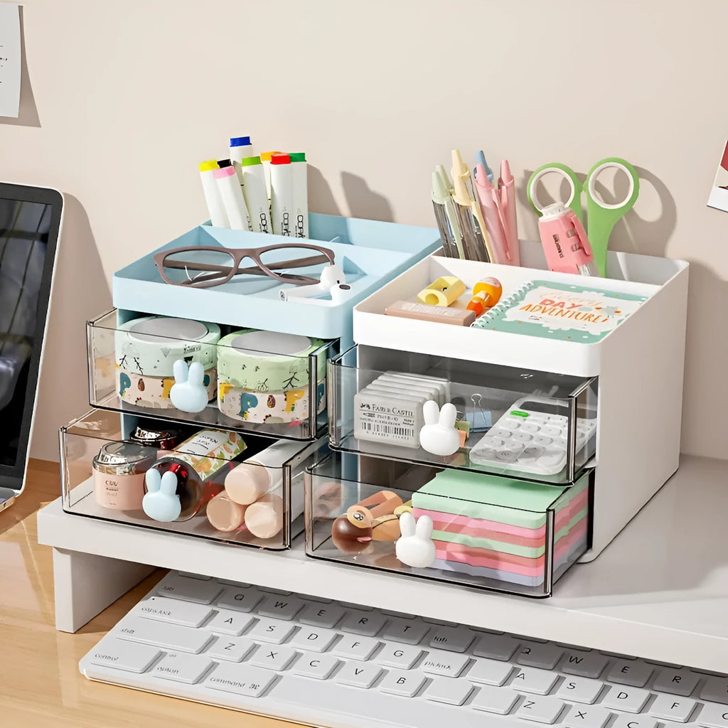 Transparent drawer storage box with grid compartments in cherry blossom pink