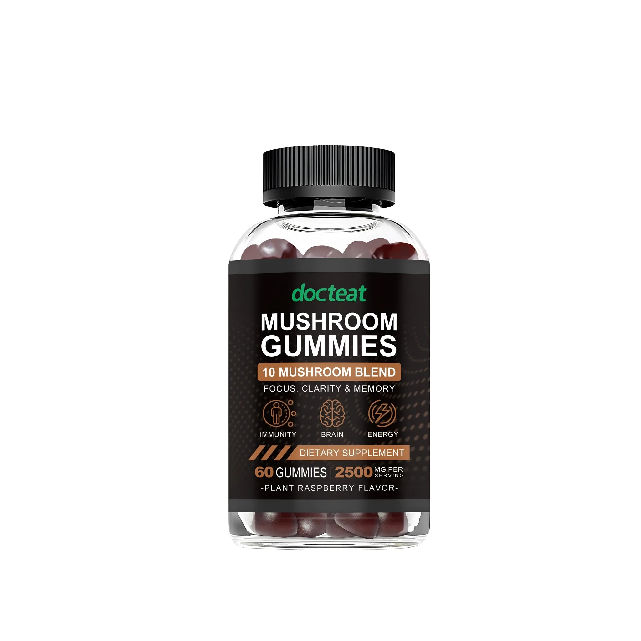 PET bottle containing 60 mushroom supplement gummies with soft chew format