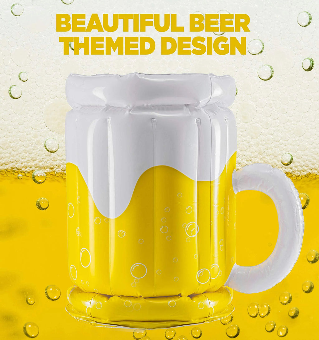 Large yellow inflatable beer mug cooler pool float with drink cans inside.