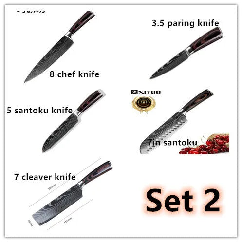 7Cr17 stainless steel kitchen knife with Damascus patterned 18 cm blade and coloured wood handle