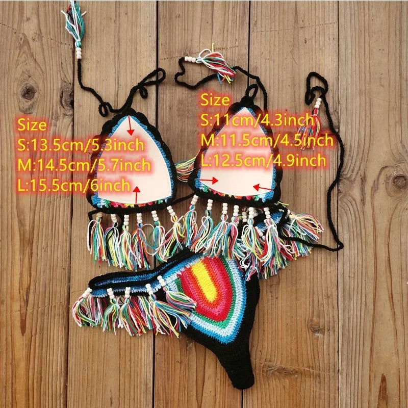 Handmade crochet bikini suit in rainbow colour with tassel trim, cotton fabric and chest pad, sizes S to XXL