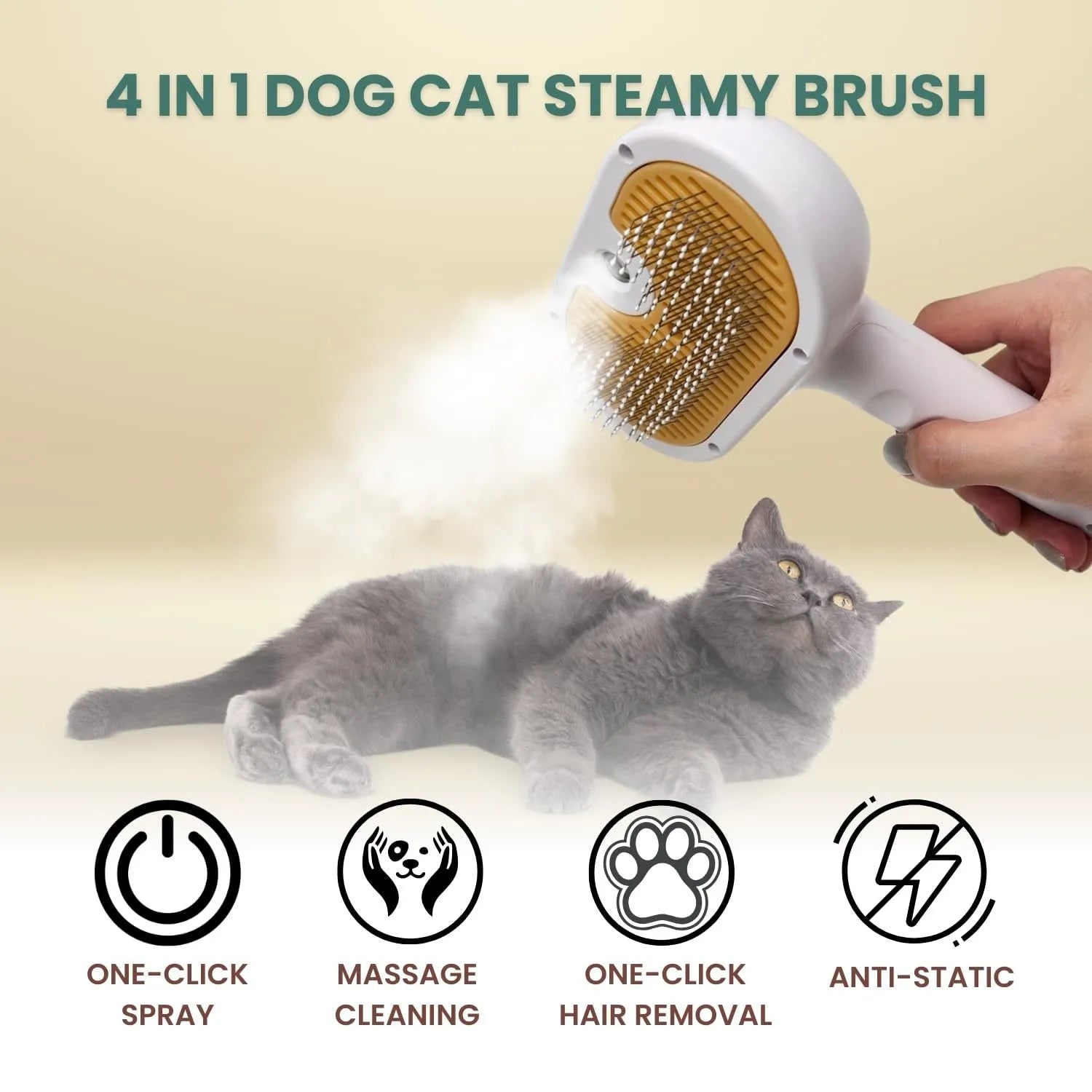 White pet grooming water brush with steam spray function for dogs and cats showing self-cleaning mechanism