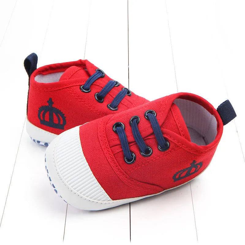 Red and white cotton canvas baby shoes with elastic band for toddlers