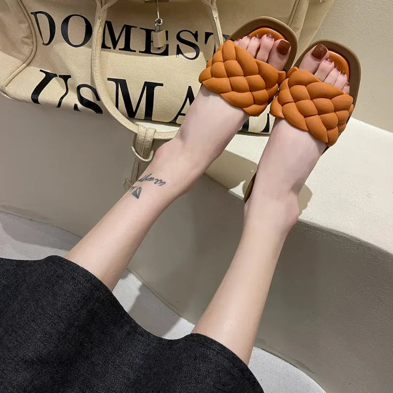 Women's plaid-patterned PVC beach sandals with a thick anti-skid sole, shown in white, green, orange, and black.