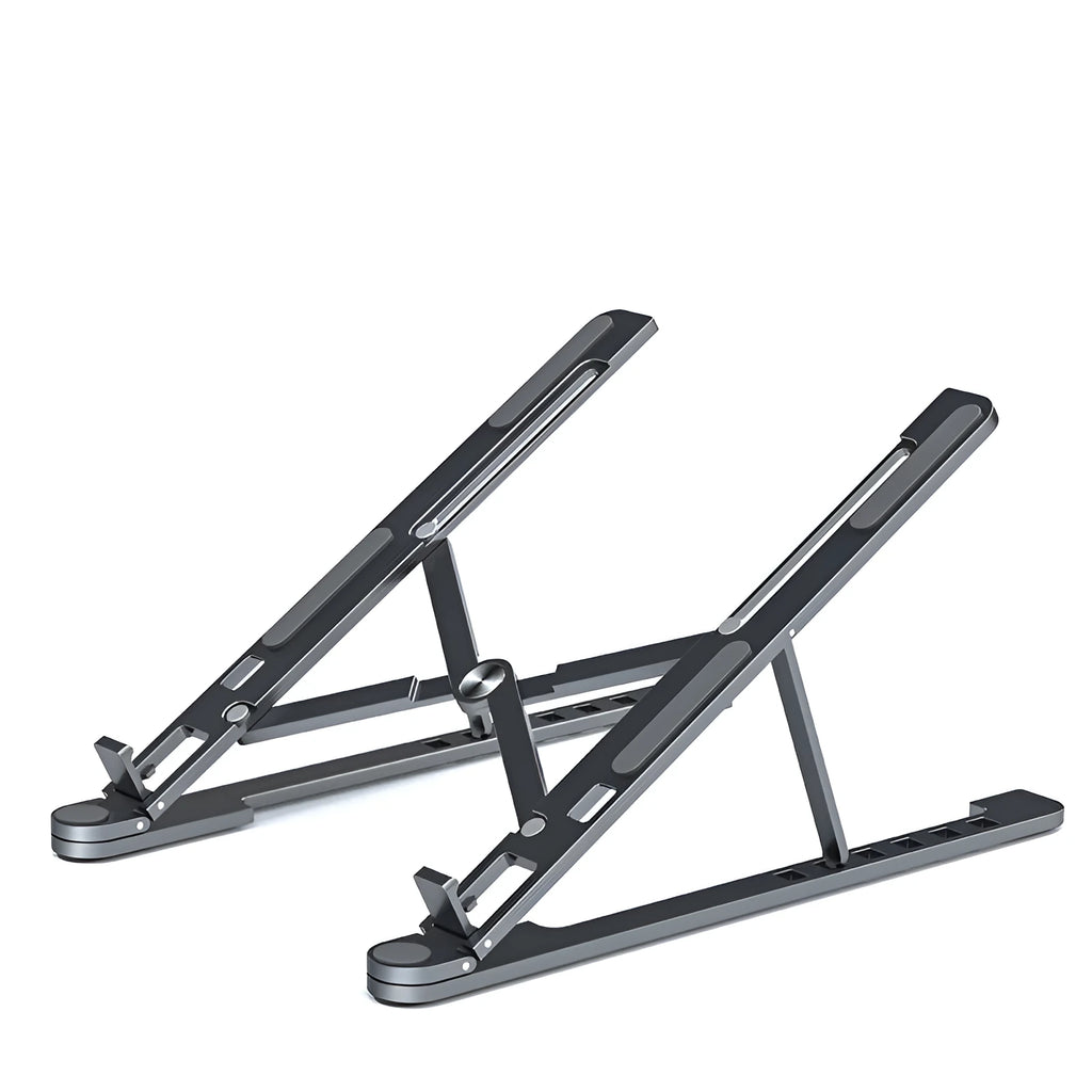 Aluminium foldable laptop stand in silver colour showing adjustable height and compact folded size.