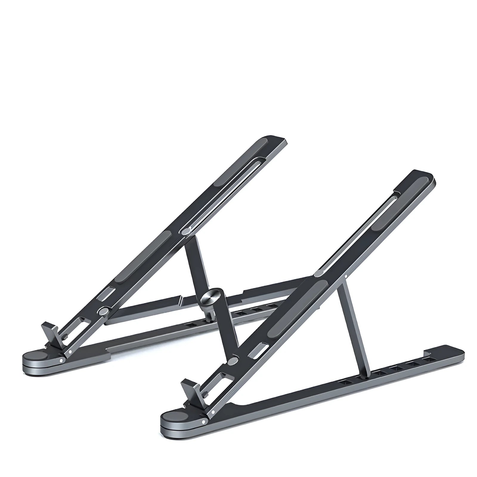 Aluminium foldable laptop stand in silver colour showing adjustable height and compact folded size.