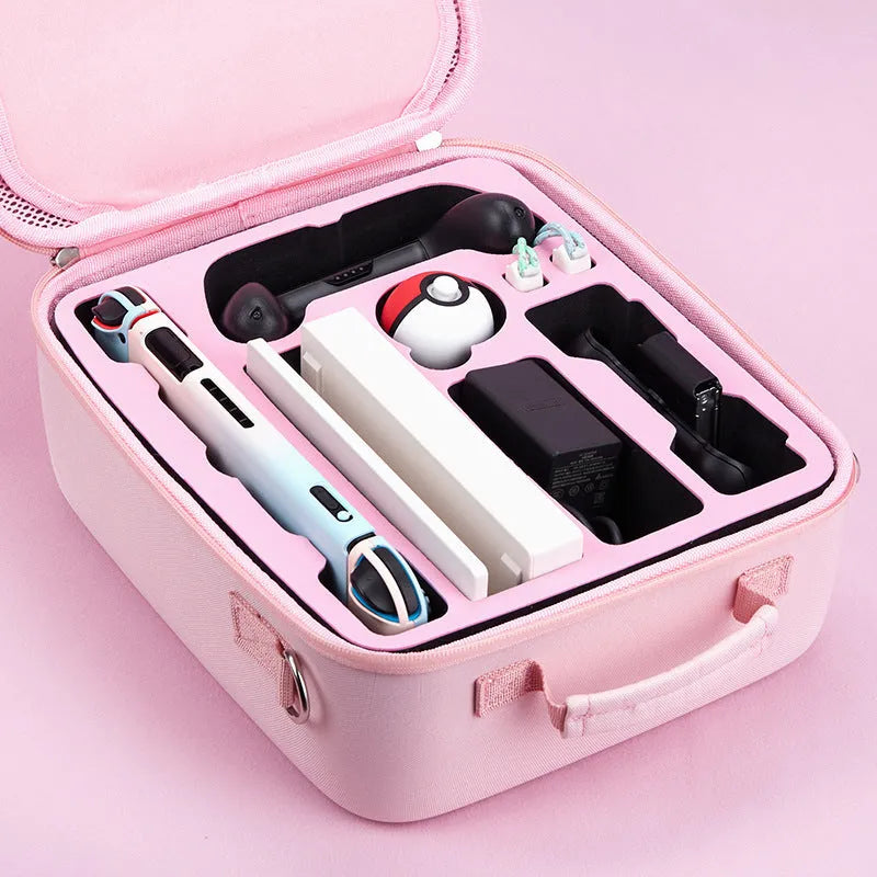 Black Nintendo Switch storage bag with shoulder strap, showing game cartridge slots