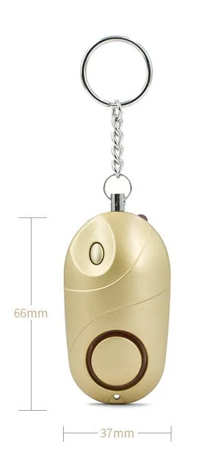 High decibel personal alarm pager keyring with 130dB siren, LED flashlight, and lanyard activation in black.