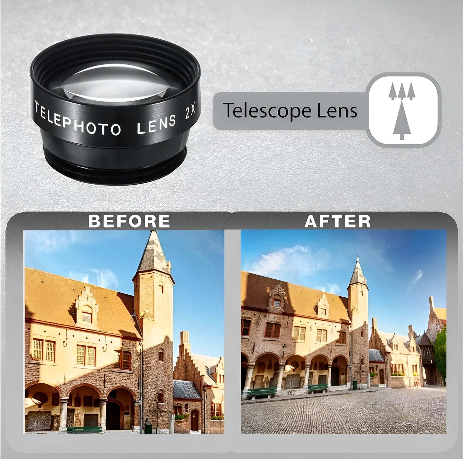Universal 5 in 1 smartphone lens kit with fisheye, wide angle, macro, telephoto and CPL lenses on a table.
