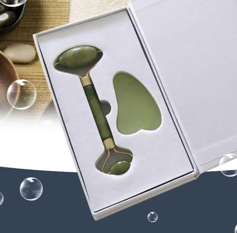 Jade roller massager with rose quartz gua sha stone, dual-sided natural jade facial tool for tension relief and skincare absorption.