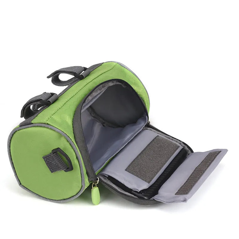 Rainproof bicycle handlebar bag in black with transparent phone window, 22cm length