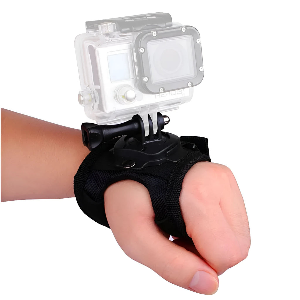 Black GoPro wrist strap with 360-degree rotating camera mount and back cushion