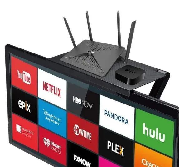 Black adjustable screen top shelf, 13-inch wide, mounted on TV, holding streaming device and remote