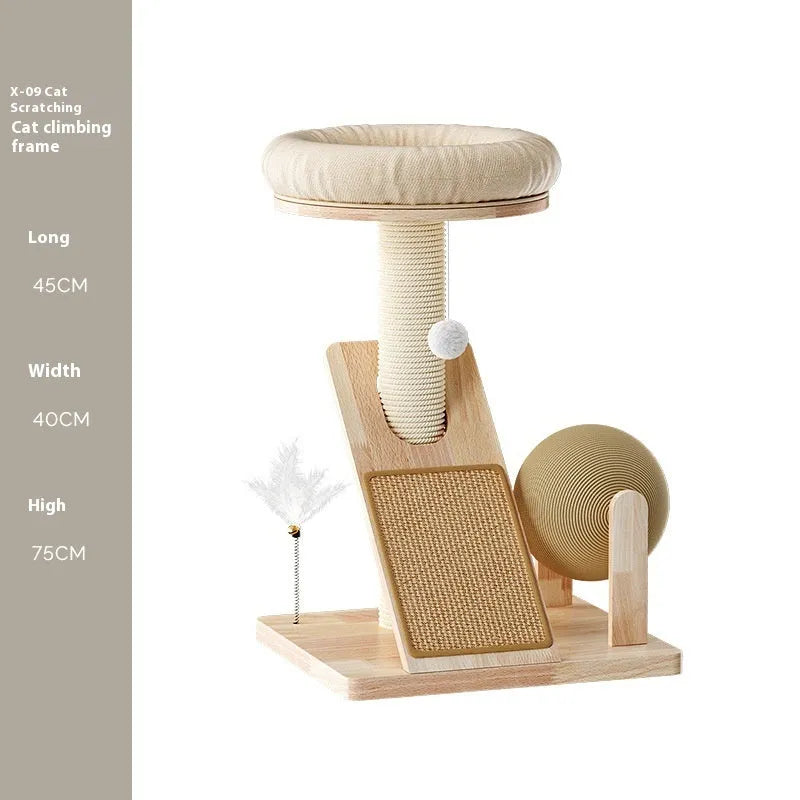A natural jute-coloured cat climbing frame with sisal scratching posts and multiple platforms for small cats.