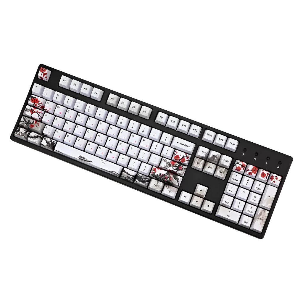 PBT Wangjiang Plum blossom theme keycap set for mechanical keyboards, showing five-sided sublimation printing.