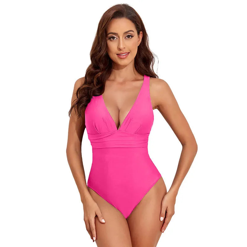 Women's minimalist cross shoulder one-piece swimsuit in solid colour nylon