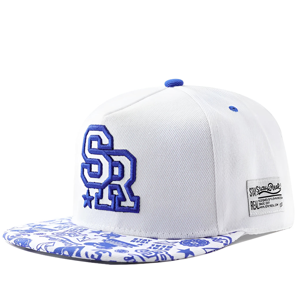 Black and white adjustable cotton baseball cap with embroidered lettering and dome crown.