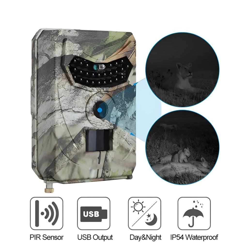 JPEG Trail Wildlife Camera 20MP with camouflage finish, wide-angle lens, and infrared LEDs for outdoor night vision monitoring