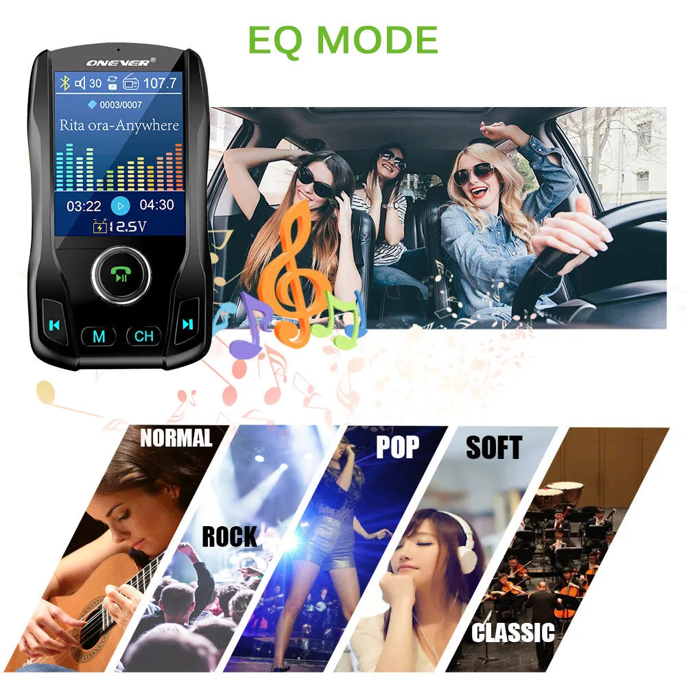 Black car Bluetooth FM transmitter with colour screen and dual USB ports plugged into a car dashboard