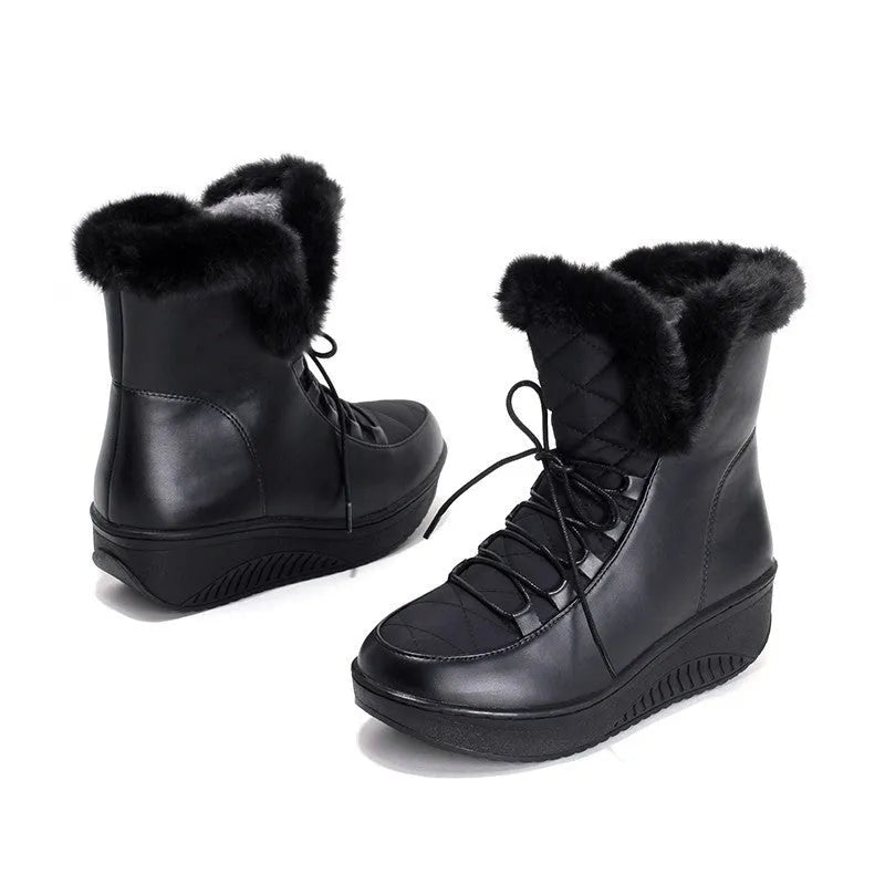 Women's black winter boots with 3cm platform and lace-up closure on water-resistant PU leather