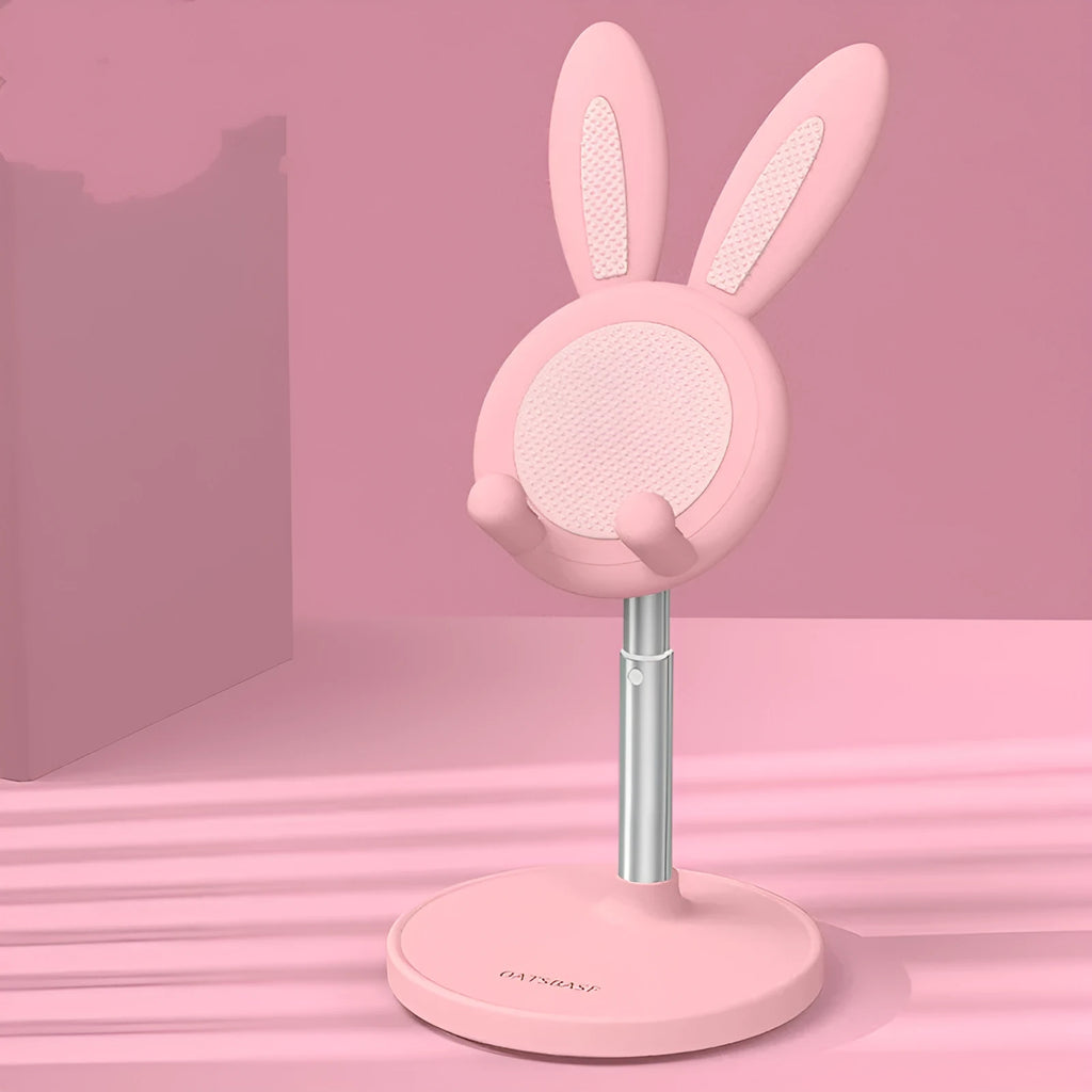Rabbit-shaped silicone phone stand in pink, green, or white with adjustable scalable desktop holder