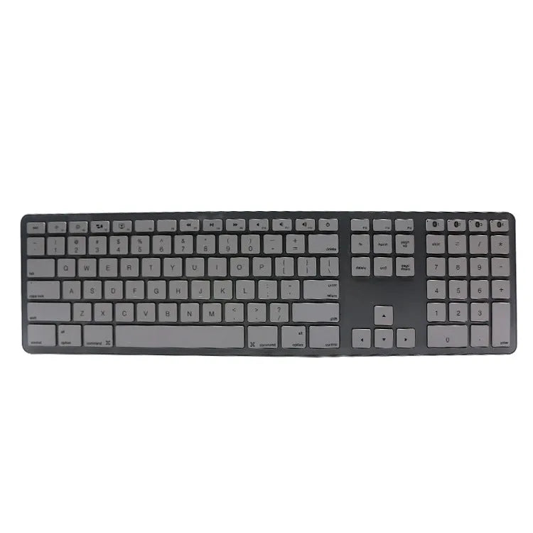 White 109-key wireless Bluetooth keyboard on a desk, showing three-key zone layout.
