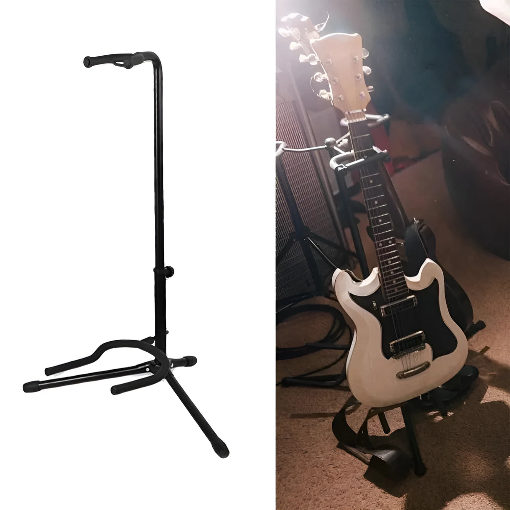 Black foldable metal guitar stand with rubber protective pads, holding a guitar.