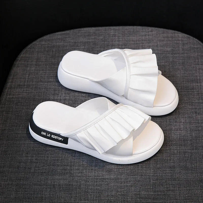 Women's casual sandals with waterproof platform, silk upper, and middle heel in beige colour