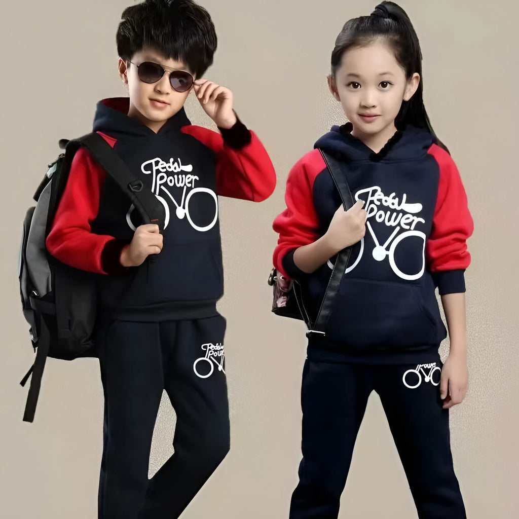 Korean-style long sleeve sweat suit two-piece set for older kids in black, red, or wine red.
