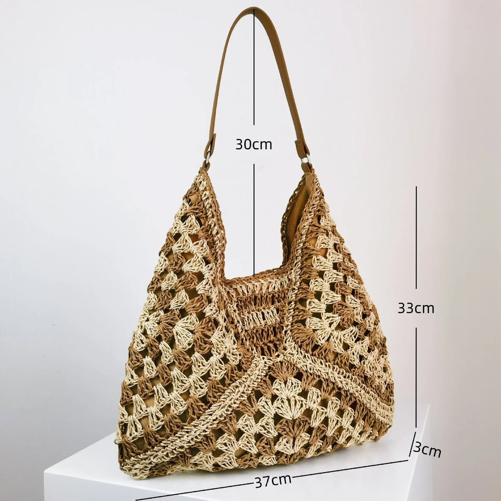 Handmade paper straw woven shoulder bag with hollow contrast colour weave and polyester lining in khaki beige or black khaki.