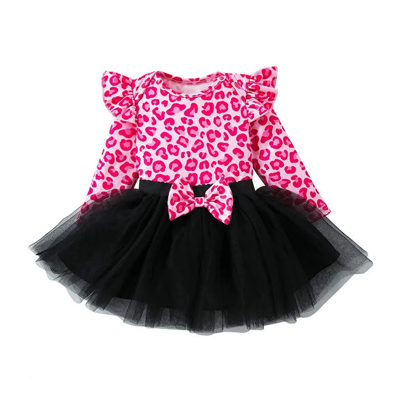 Baby girl wearing pink leopard print flounced sleeve mesh princess dress two-piece set, suitable spring autumn