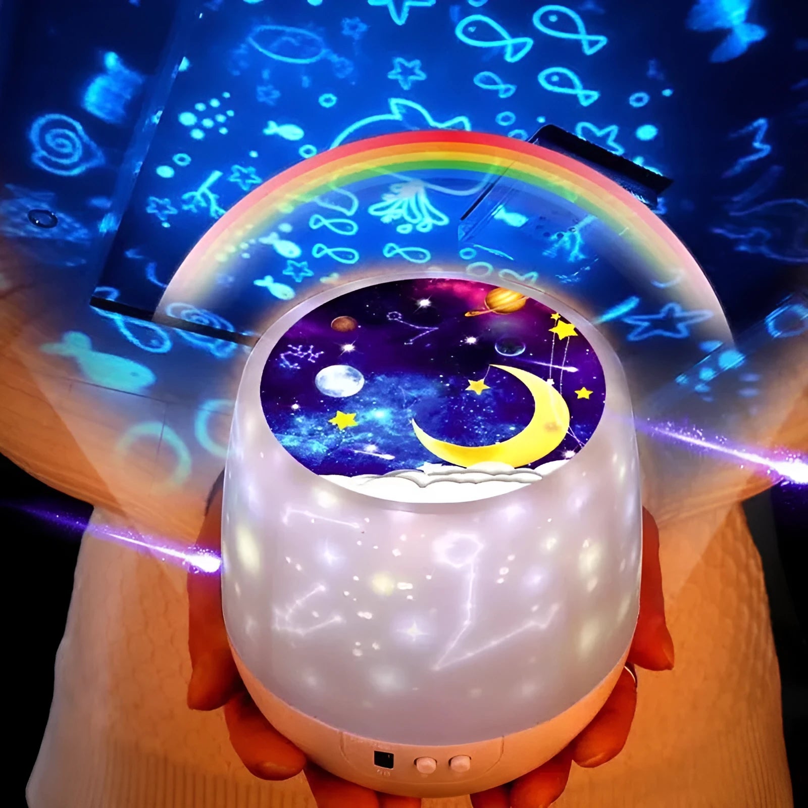 Sky Fall projector night light for kids showing constellation projection on a ceiling, USB powered, with five film discs