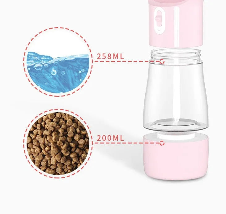 Portable dog water dispenser with 258ml capacity and food container in pink, for outdoor walking and travel