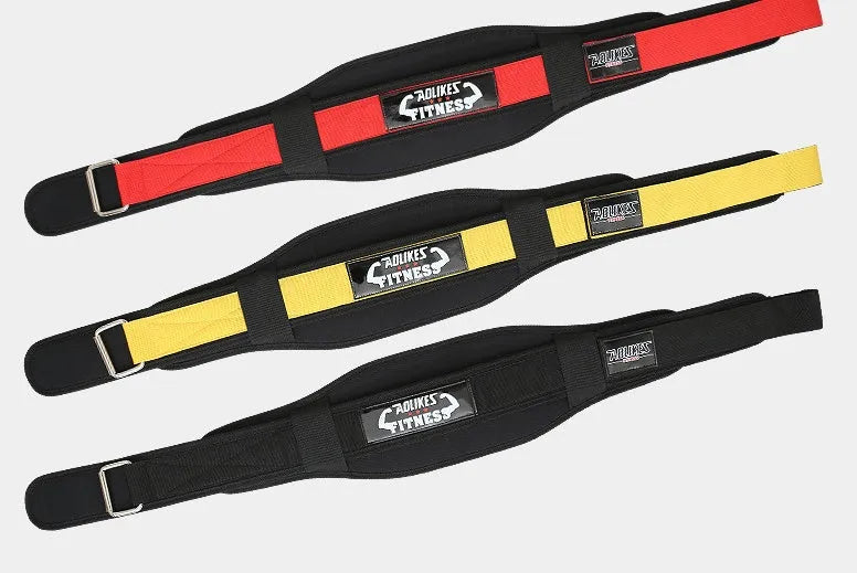 Nylon fitness weightlifting waistband for adults in black, red, or yellow.