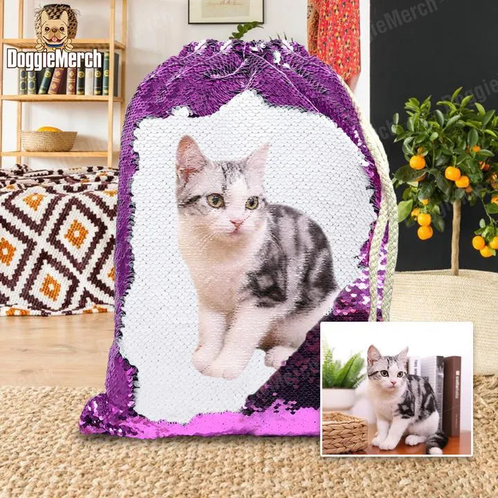 Custom purple sequins backpack featuring a printed photograph of a dog, showing drawstring top.