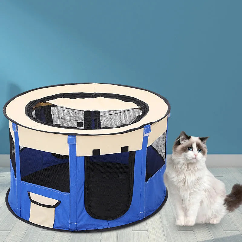 Foldable closed pet tent in blue, made from Oxford cloth and mesh, for dogs and cats