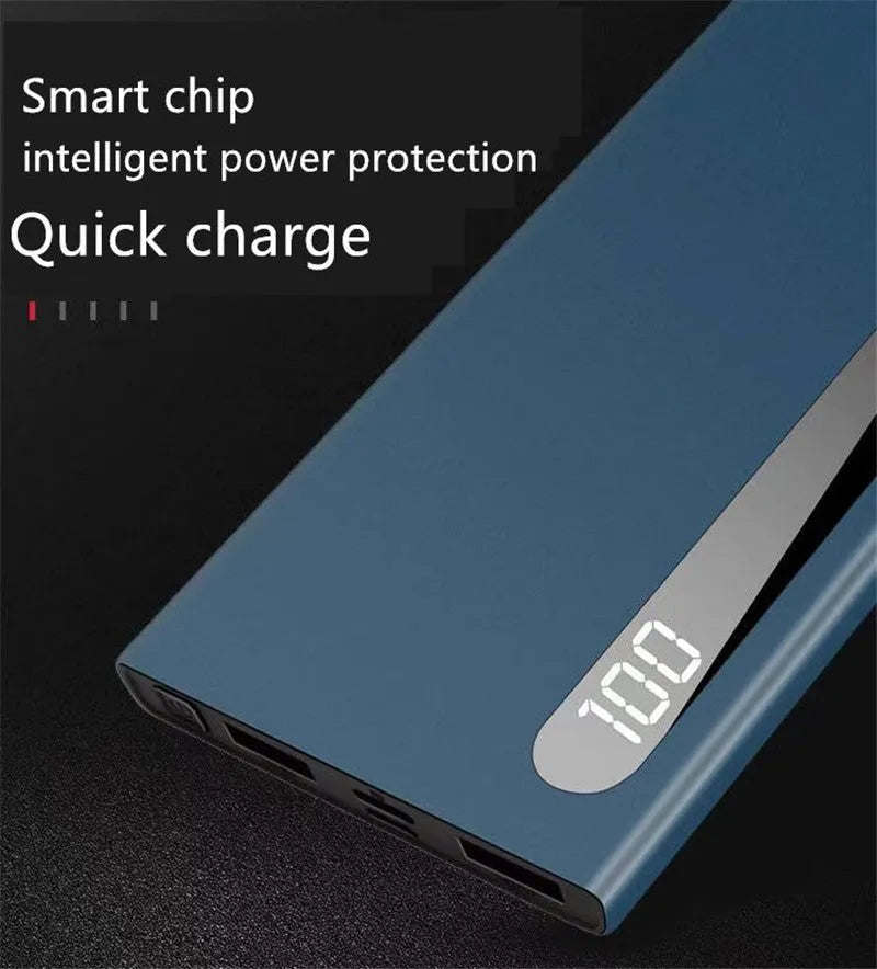 Ultra-thin 20000mAh power bank with digital display, dual USB ports, L172 x W14 x H152, black blue red