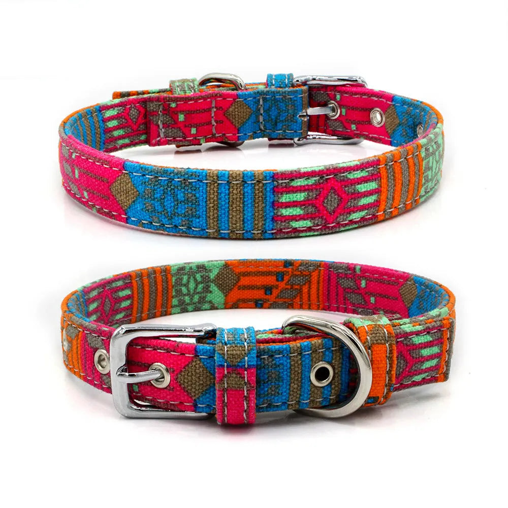 Canvas dog collar with reflective weave and traction leash in colourful fabric, four sizes XS to L