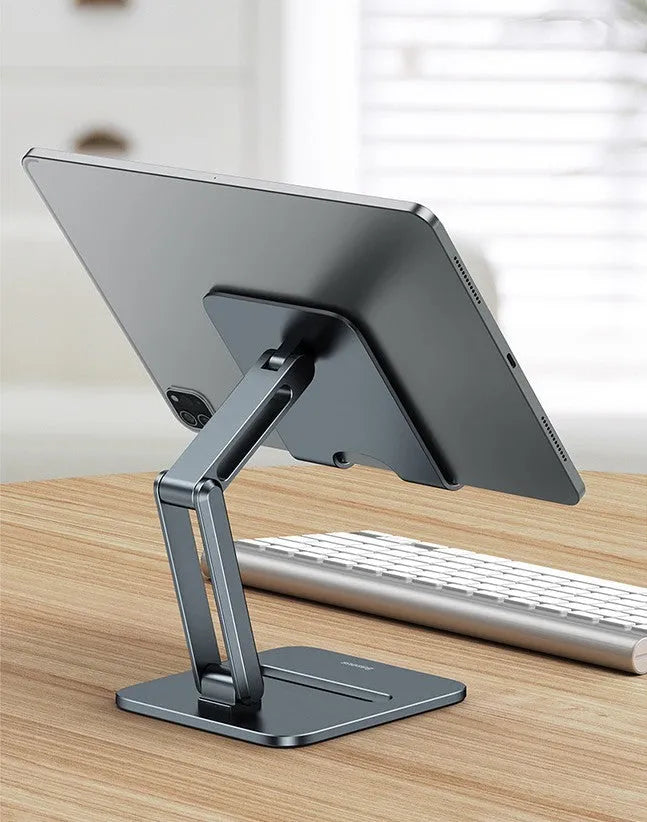 Deep space grey aluminium alloy folding stand for mobile phones and tablets on a desk