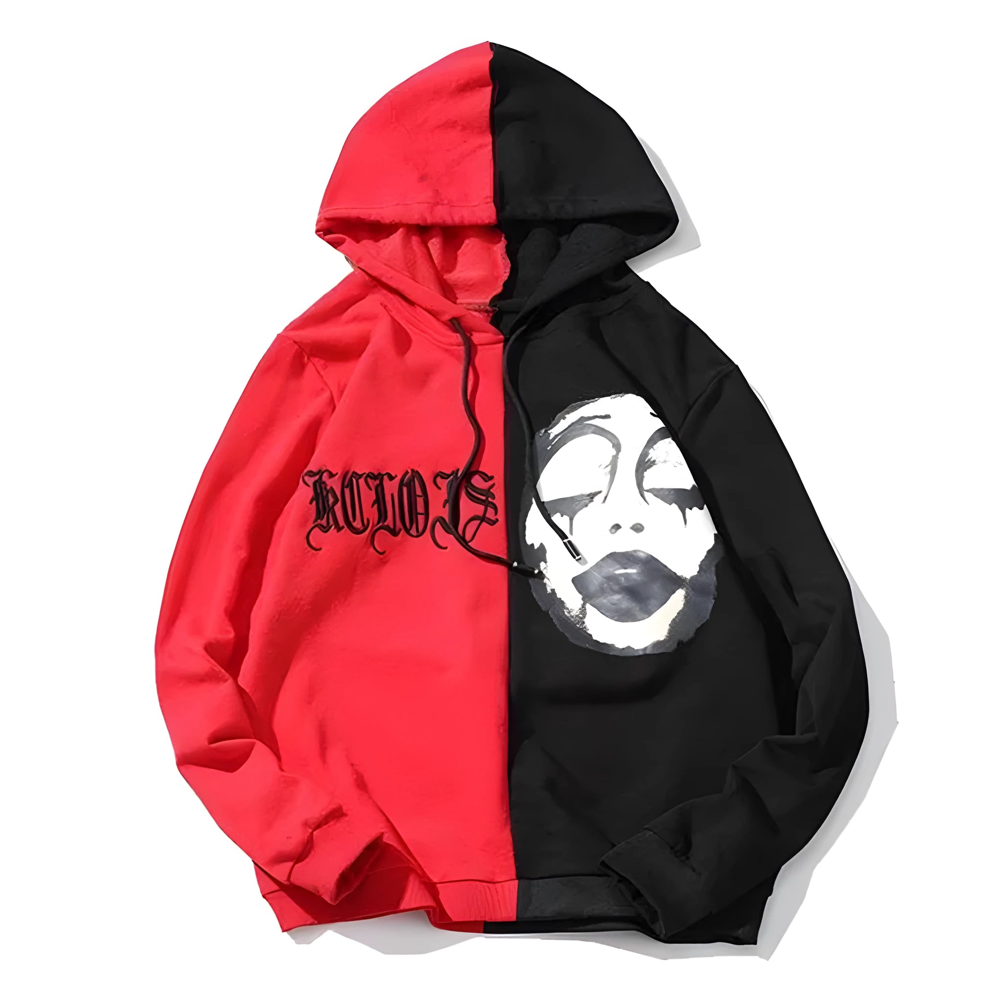 Oberlo hoodie in black and red cotton blend fabric, front view with drawstring hood and pocket