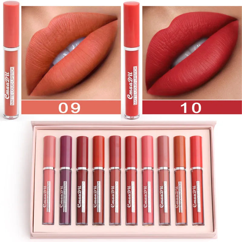 Package containing ten sticks of women's matte non-stick cup lipstick in assorted shades.