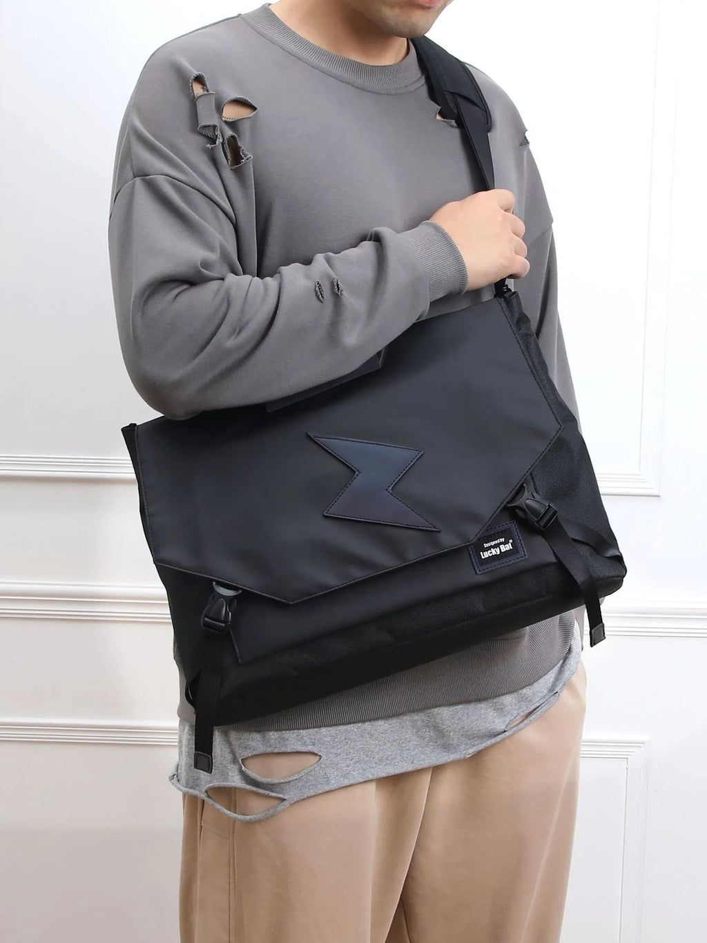 Grey Oxford cloth messenger laptop bag with letter pattern for 16 inch gaming notebook