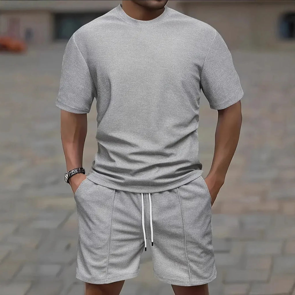 Men's waffle texture polyester summer set showing short sleeve blouse and matching shorts