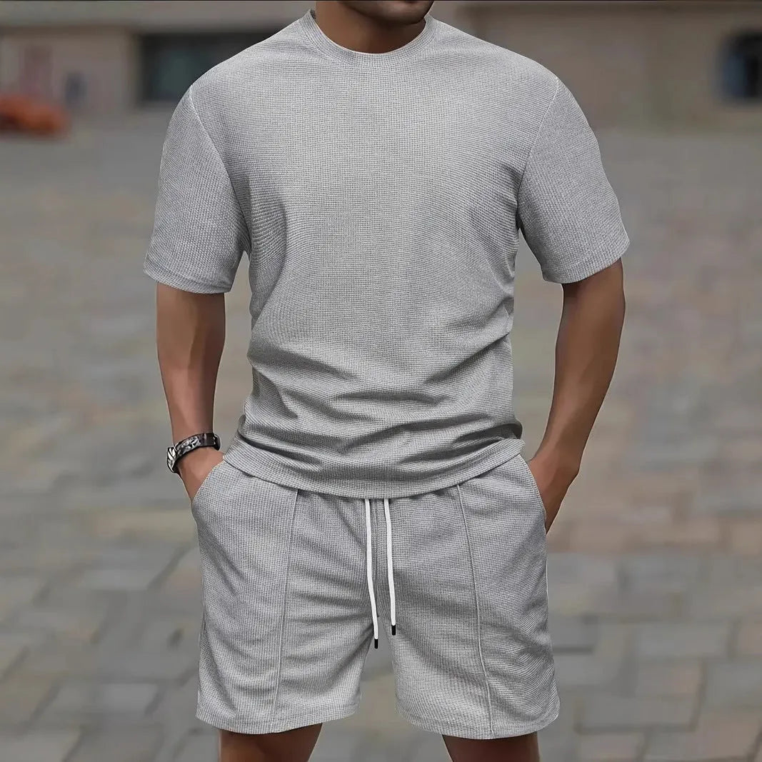 Men's waffle texture polyester summer set showing short sleeve blouse and matching shorts