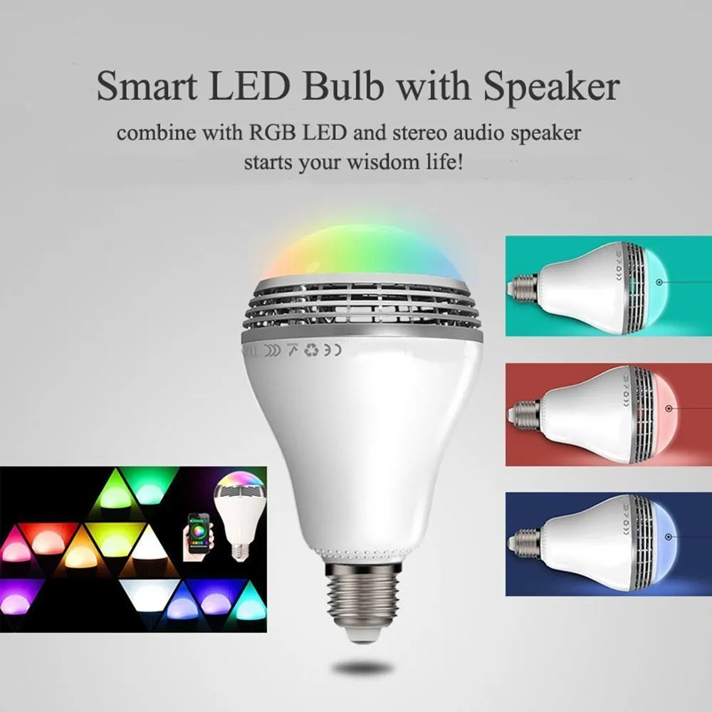 Creative Home E27 smart LED bulb with integrated Bluetooth speaker, showing RGB colour changing ability.