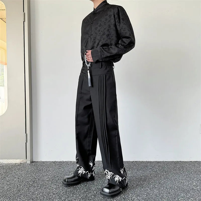 Black pleated wide leg trousers with straight cut, medium elastic waist and fold craft, sizes M L XL