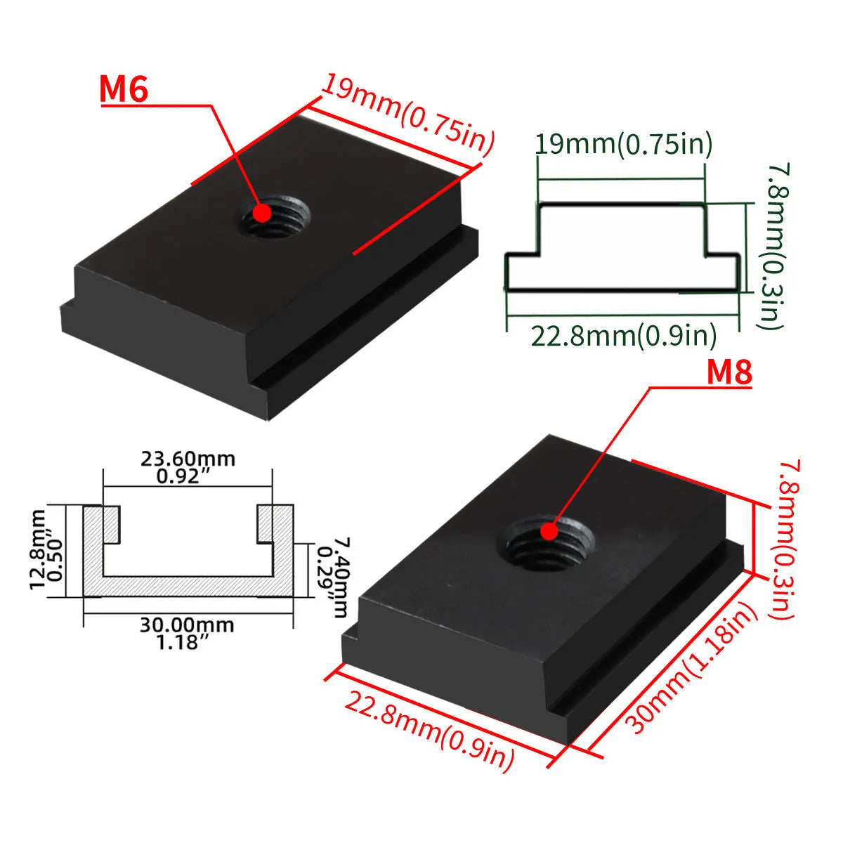 Aluminium woodworking sliding chute slider for T-slot tracks in black silver blue red colours