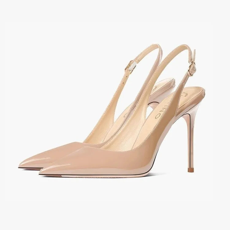 Women's nude ankle strap high heels with hollow design and button closure