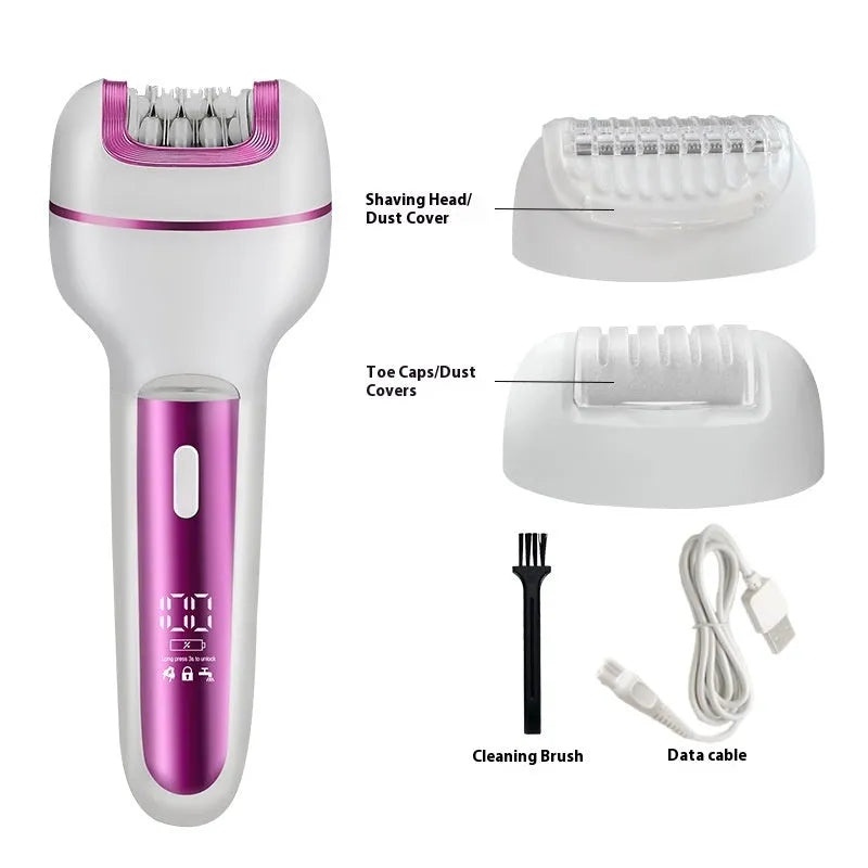 Pink three-in-one ladies electric depilator set with USB cable, shaver head, plucking head, foot grinder, and cleaning brush on a white background