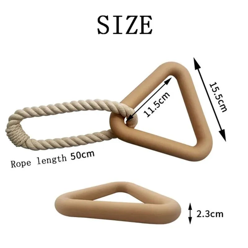 Large triangular cotton rope dog pull ring toy in beige, pink, or purple colours